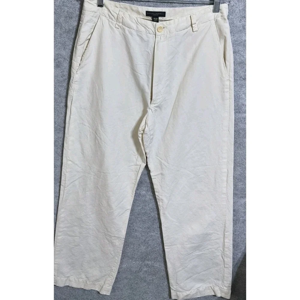 Banana Republic Pants Mens 34x30 Ivory Flat Front 100% Linen Blend Wide Leg VTG